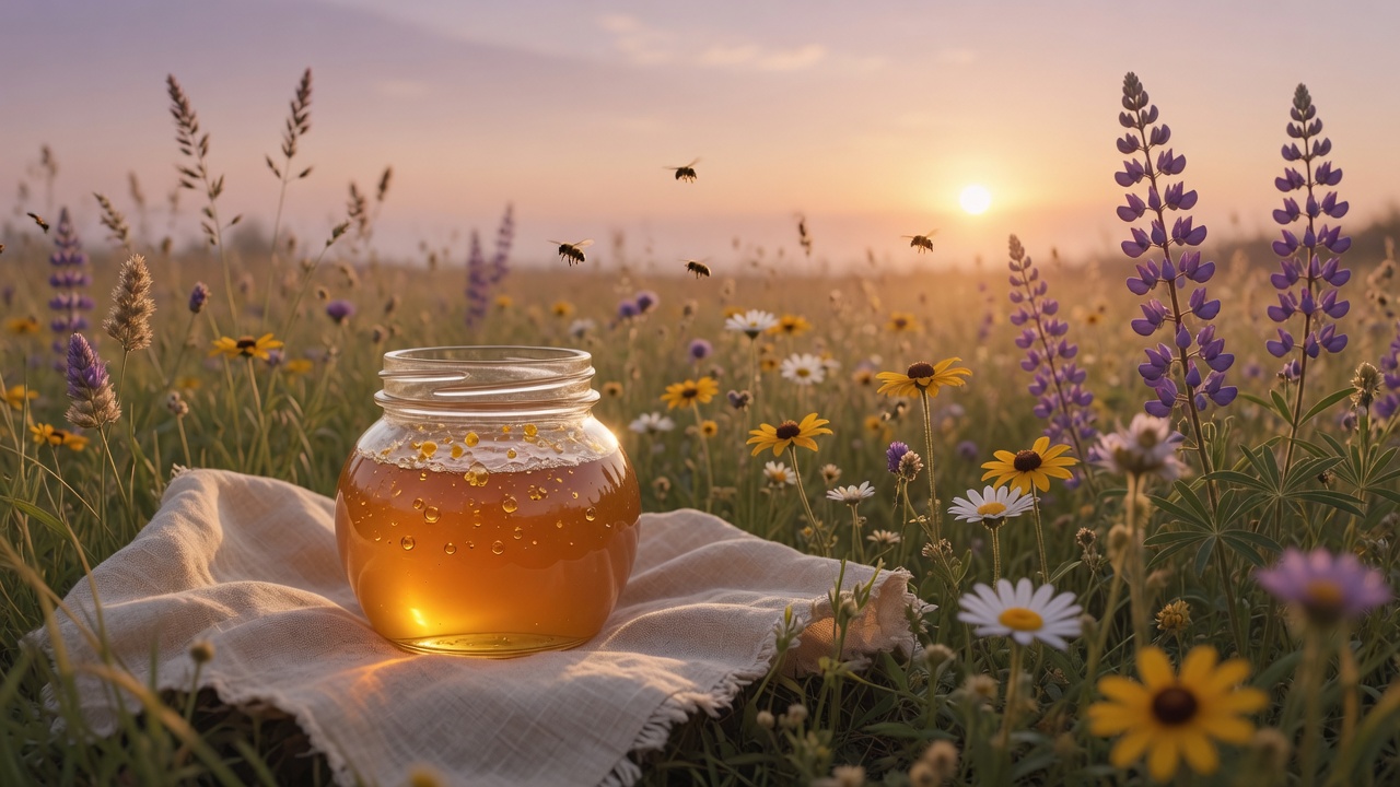 A glass jar of wildflower honey in a meadow at sunset