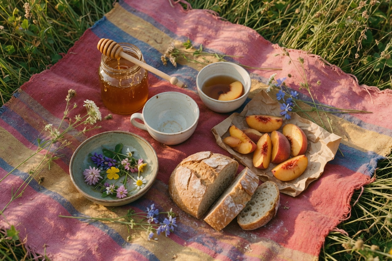 Picnic with honey, tea, bread, and peaches
