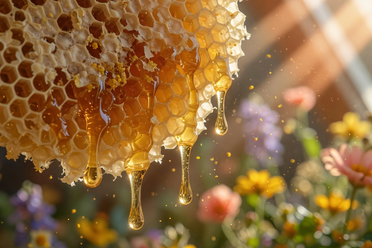 Honeycomb dripping in warm light over wildflowers