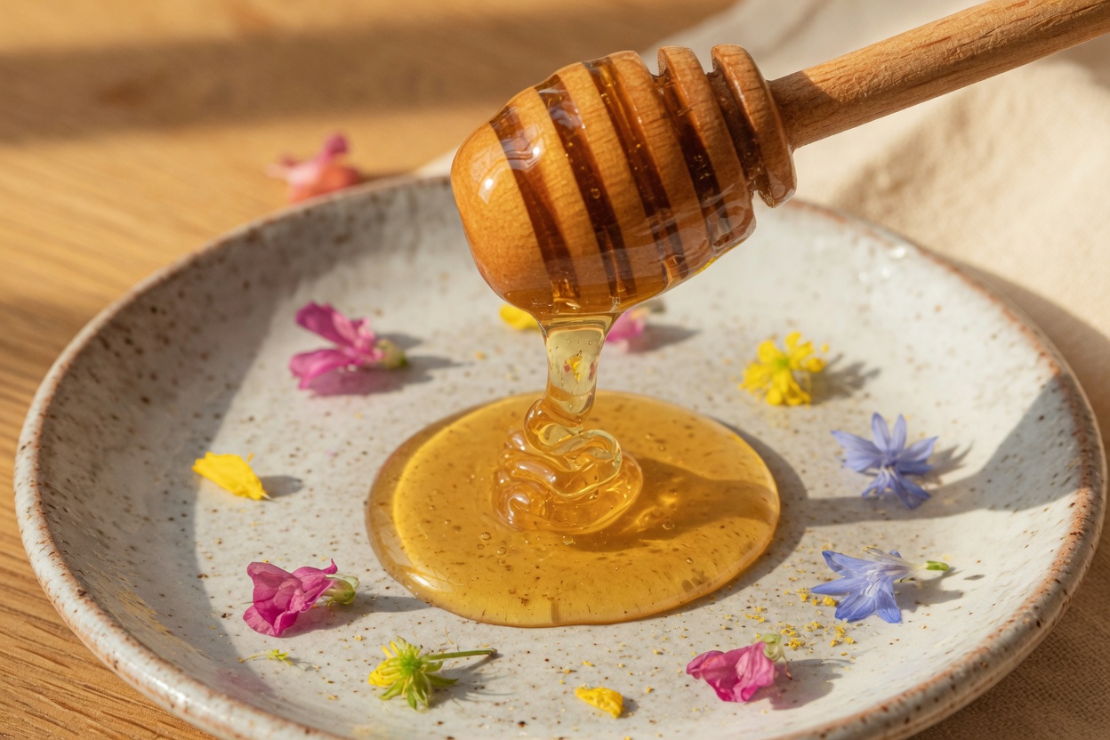 Honey pouring from a wooden dipper