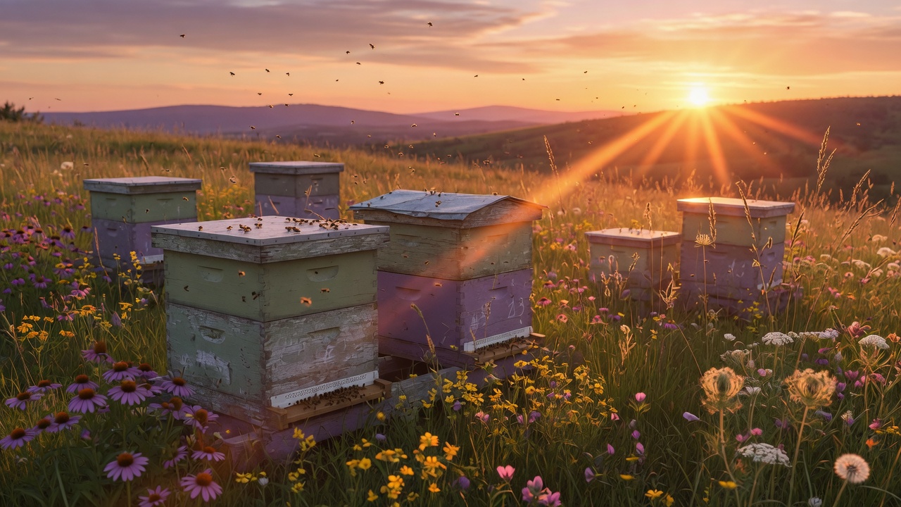 Painted beehives in a wildflower meadow at sunset