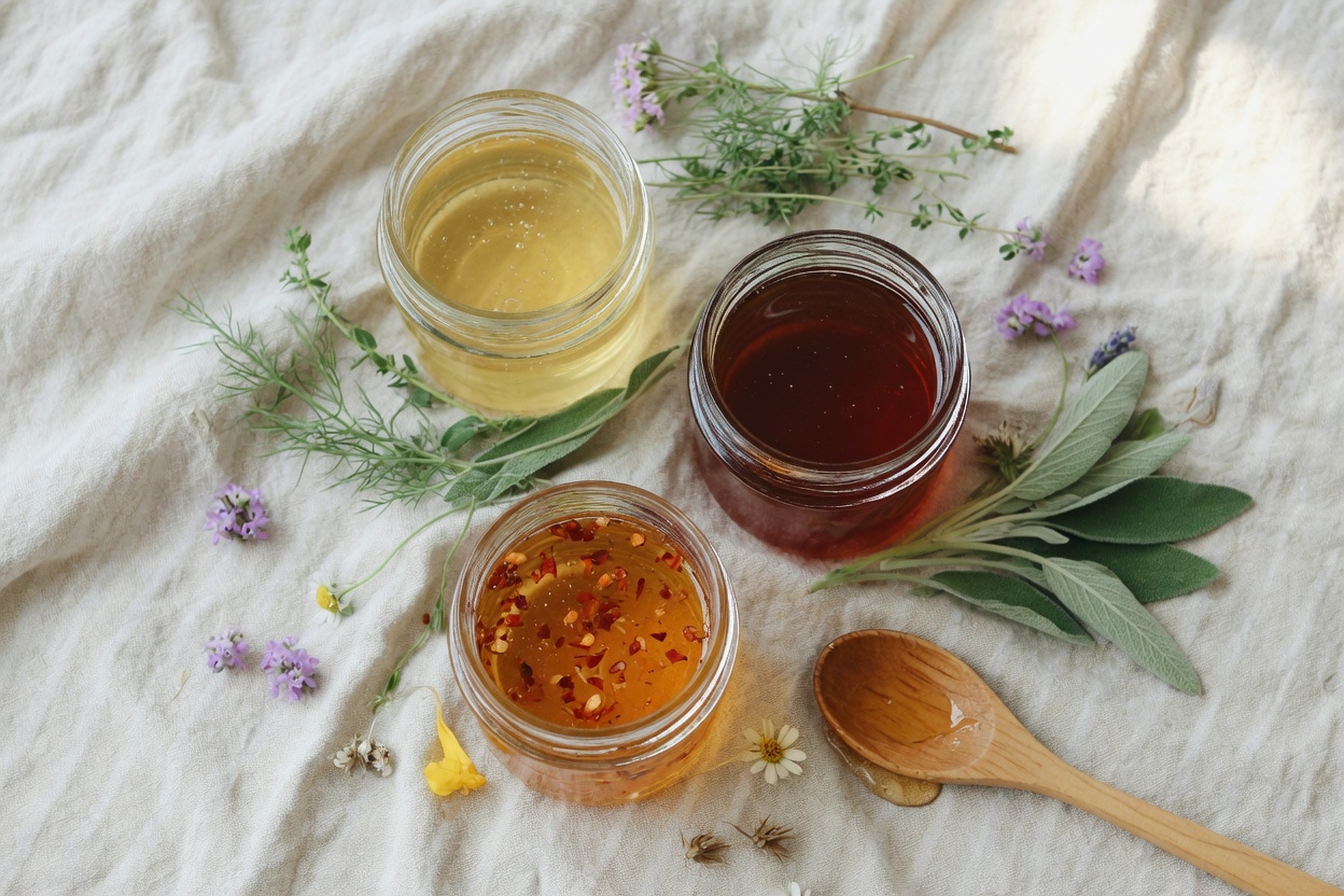 Three jars of Funny Honey among herbs
